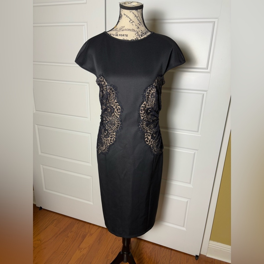 Tadashi Shoji Evening Dress Black Bodycon Lace Sides Scuba Midi Pencil Dress 8 - Picture 3 of 9